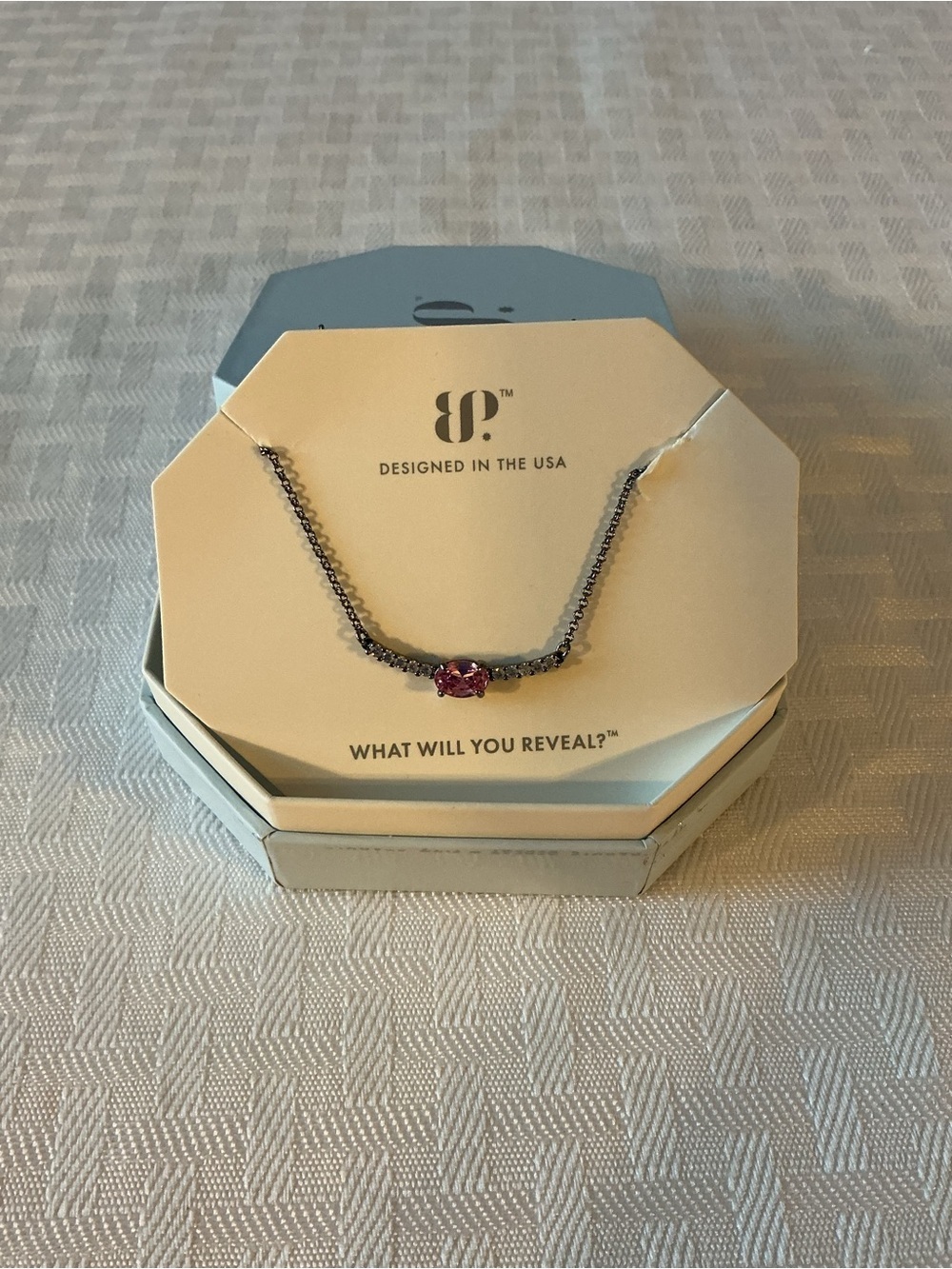 BP “Right On Time” Rose Quartz Cubic Zirconia Hematite Plated Pendant Necklace